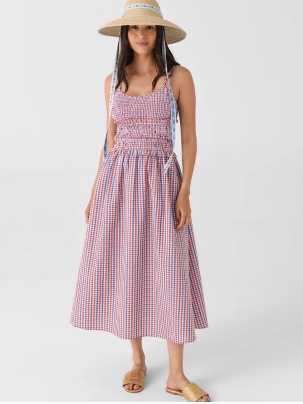 NWT HUNTER BELL Francie Lighthouse Gingham Maxi Red White Blue Sundress Smocked - Picture 3 of 11